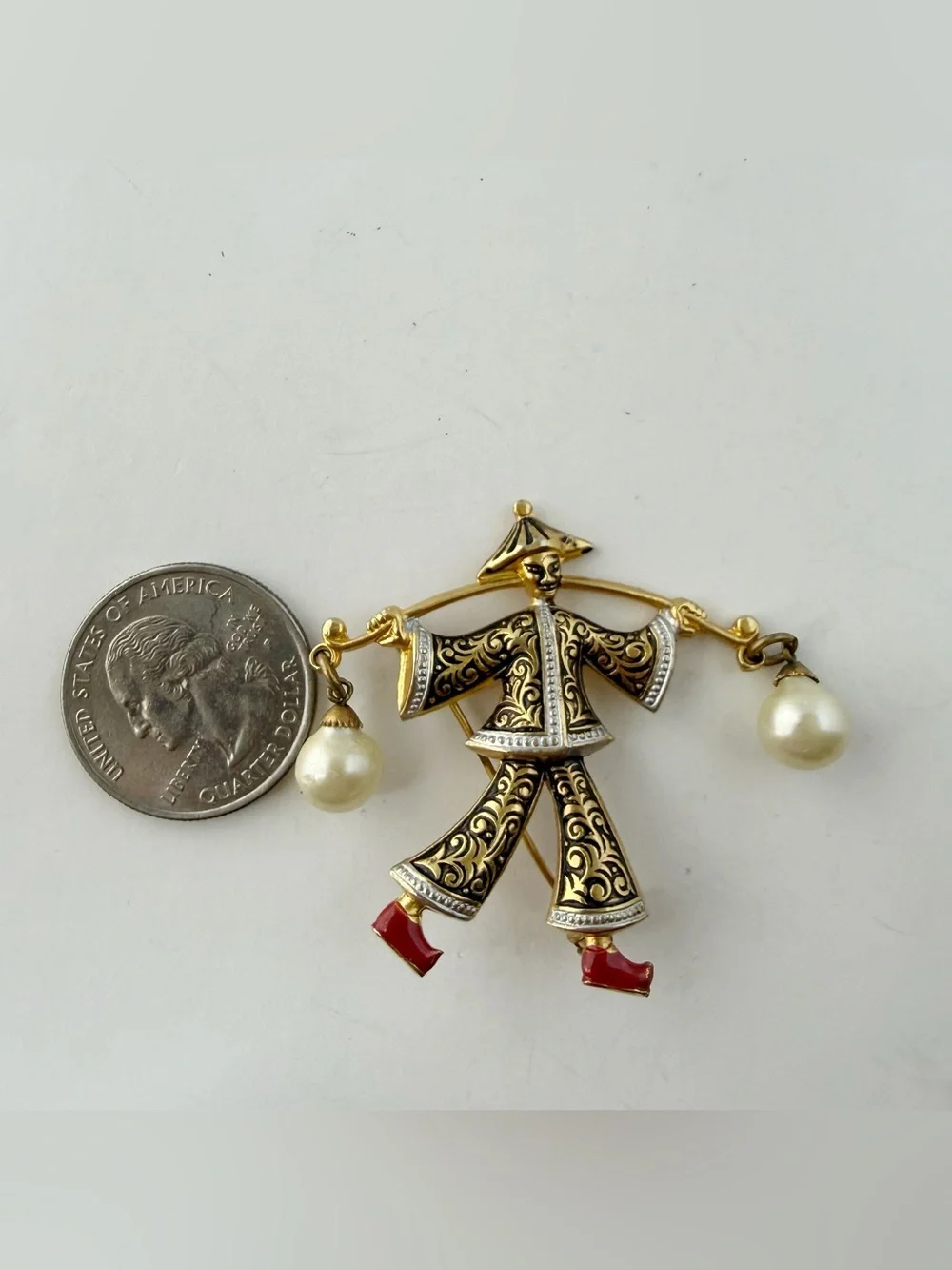 Vintage Toledo Damascene Spain Figural Asian Water Carrier Man Faux Pearl Brooch